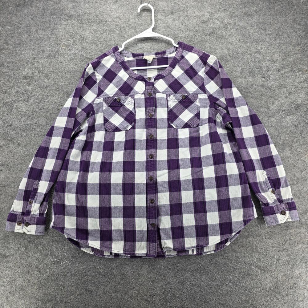Duluth Trading Co. Button-Up Tunic Womens 2XL Purple Plaid Roll-Tab Sleeve